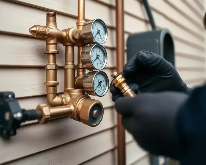 Copper backflow preventer with a technician's test gauges attached