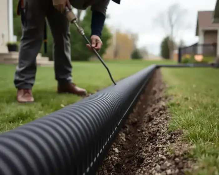 Freshly installed French drain gravel bed along a home foundation